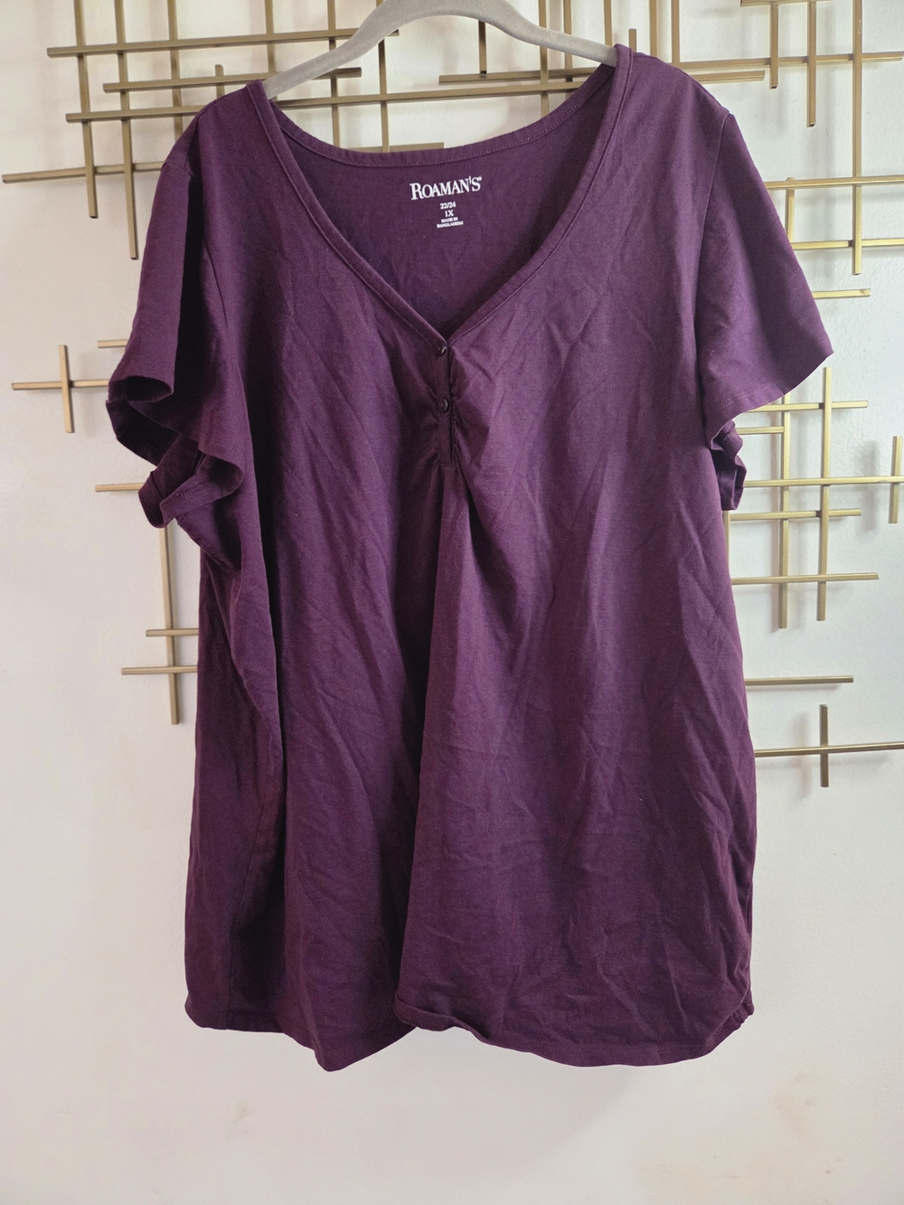 22/24 1X Roaman's Women's Short Sleeve V-Neck Tee in Aubergine